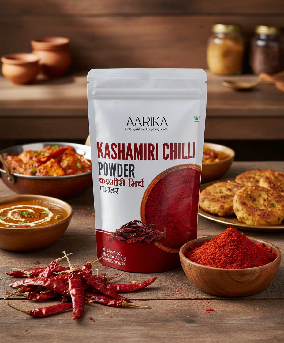 natural Kashmiri chilli powder with vibrant red color Mild Kashmiri chilli powder for flavorful Indian dishes