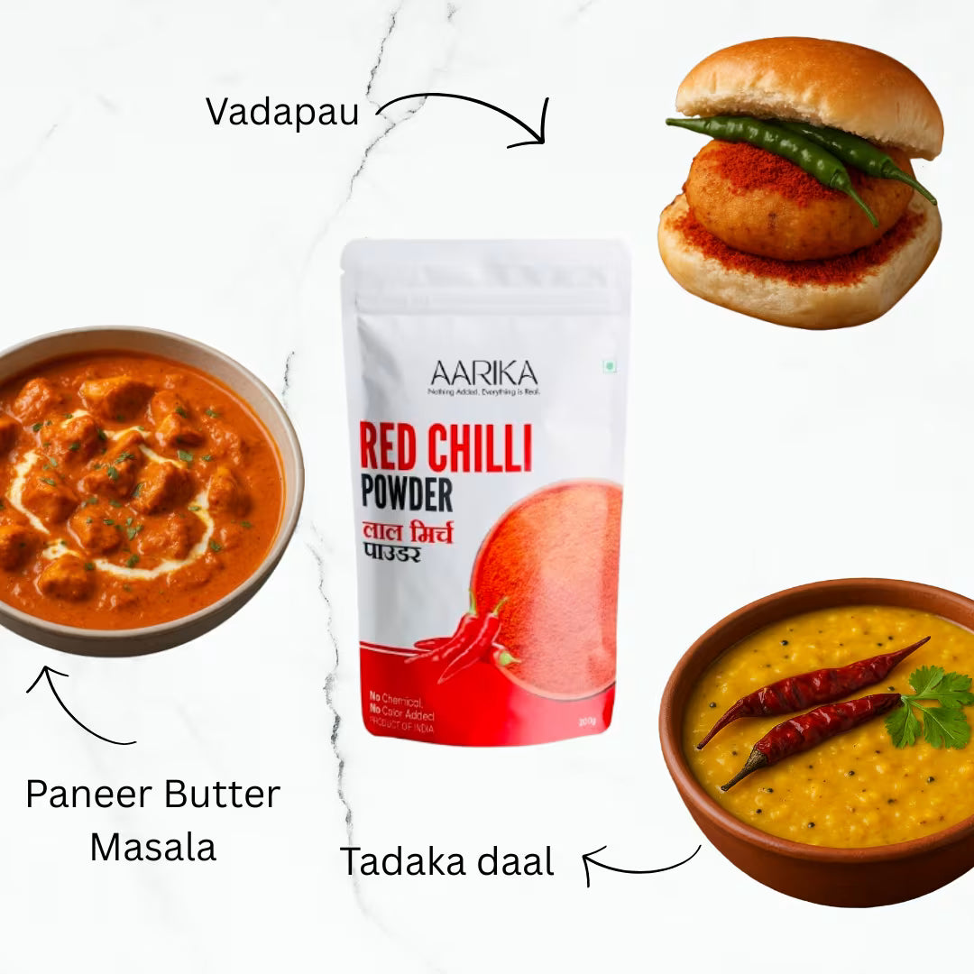 Fresh ground chilli powder for spicy Indian recipes Aarika Red Chilli Powder packaging with examples of dishes it can be used to make.