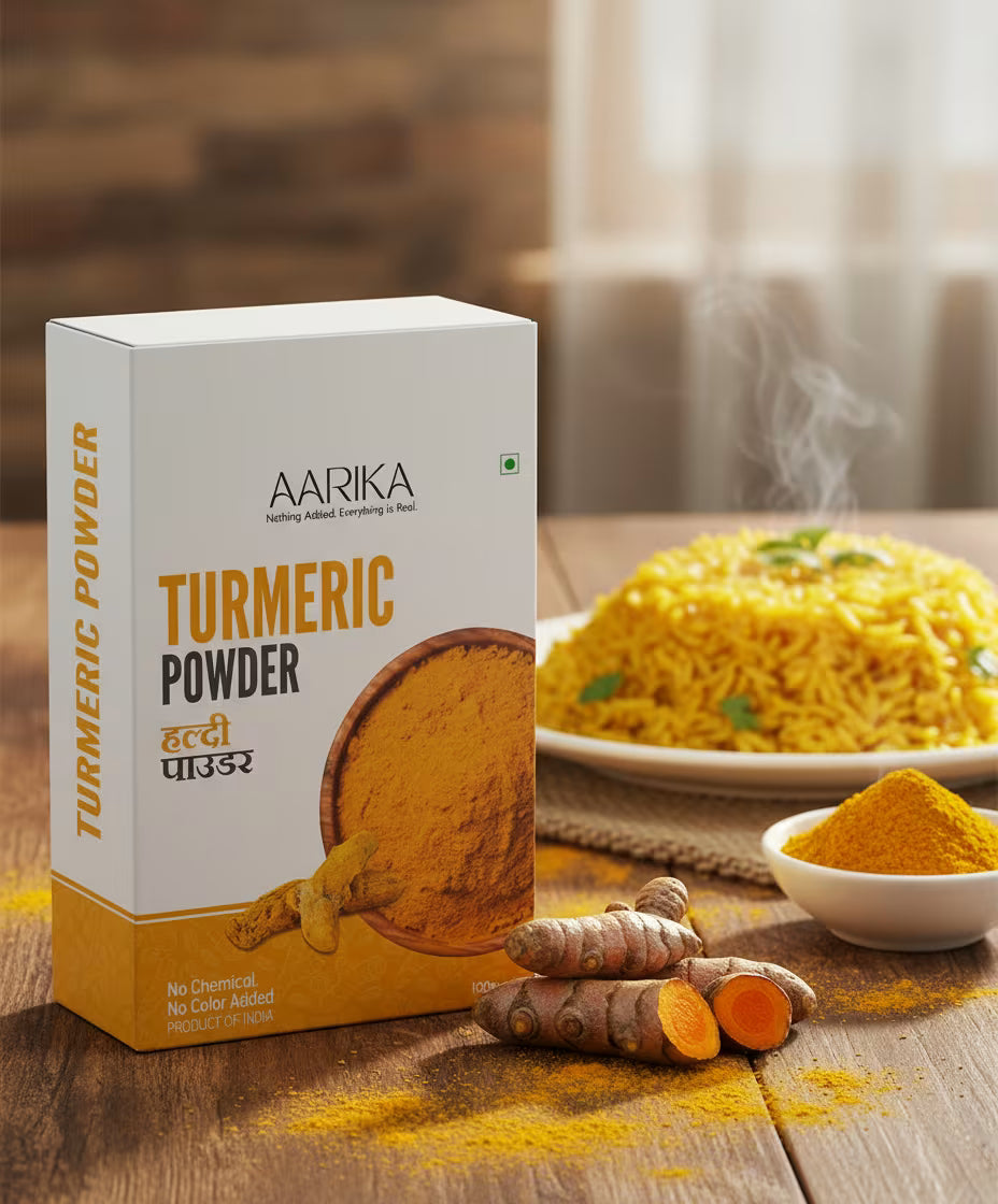 turmeric powder for immunity, digestion, and wellness Aarika Turmeric Powder packaging with turmeric roots and powder on a wooden surface.