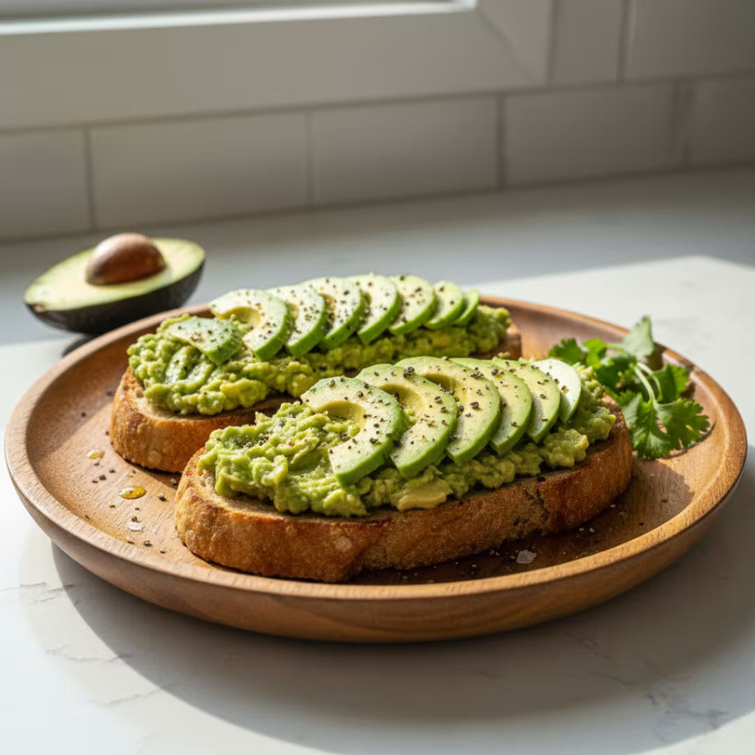 Pure organic black pepper with bold aroma | Avocado toast on a wooden plate with an avocado in the background