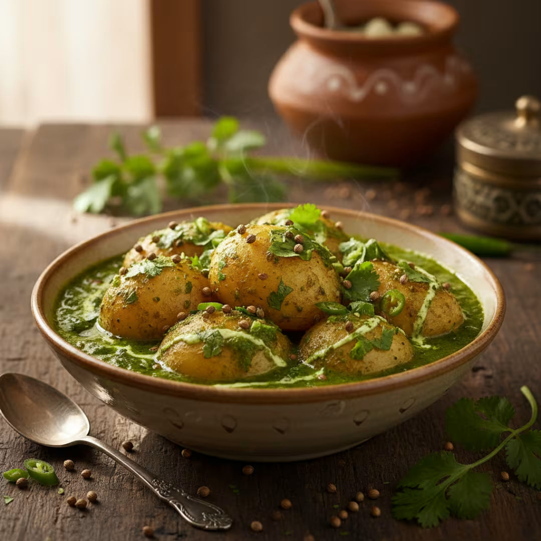 Pure coriander powder – fresh and finely ground spice for Indian curries Bowl of potato curry with green sauce on a wooden table | AARIKA 