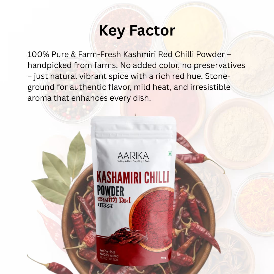 Natural Kashmiri chilli powder with vibrant red color Mild Kashmiri chilli powder for flavorful Indian dishes