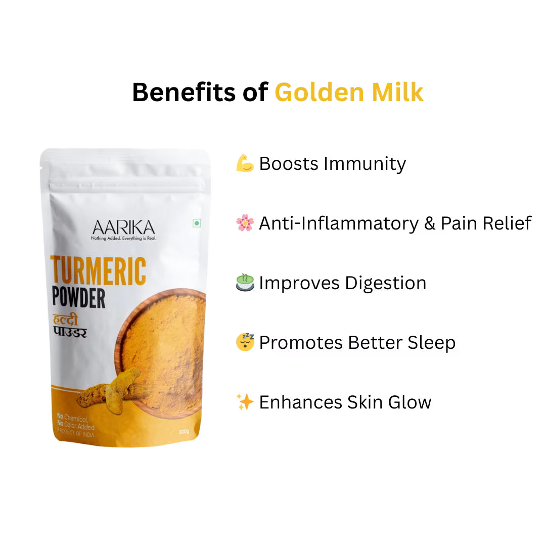 Turmeric powder for immunity, digestion, and wellness | Aarika Turmeric Powder package with benefits listed on a white background